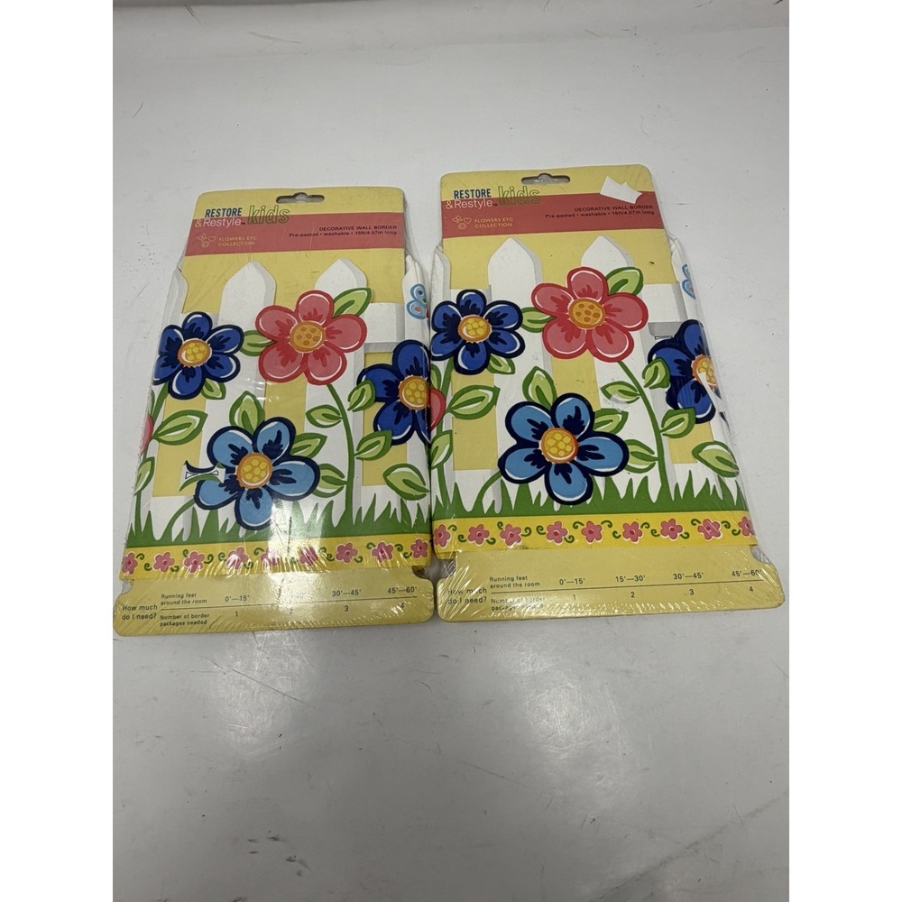 Vtg Restore & Restyle Kids‎ Wall Border White Picket Fence Flowers 2 Packs 30ft